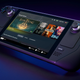 A Steam Deck portable PC sits slightly upright in a dark blue and black void.